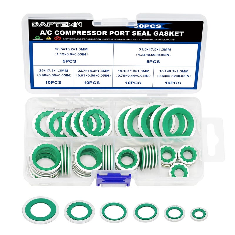 Daptemn 50PCS A/C Compressor Bonded Seal Washers Assortment Kit, 6 Sizes Air Conditioning Compressor Port Gasket Repairs Universal Automotive Self-Centered Washers (ID: 8mm-17.5mm) (Green) - Image 1